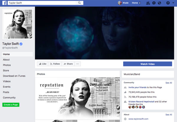 Taylor Swift Facebook page
